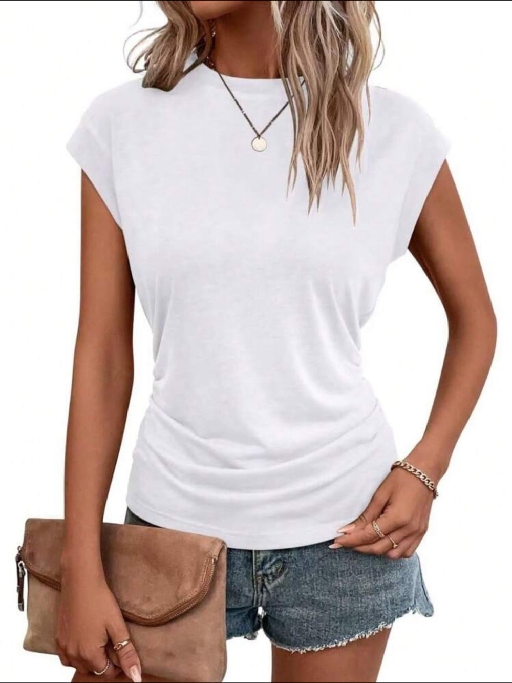 Short Sleeve Crewneck Ruched T Shirt, white NEW